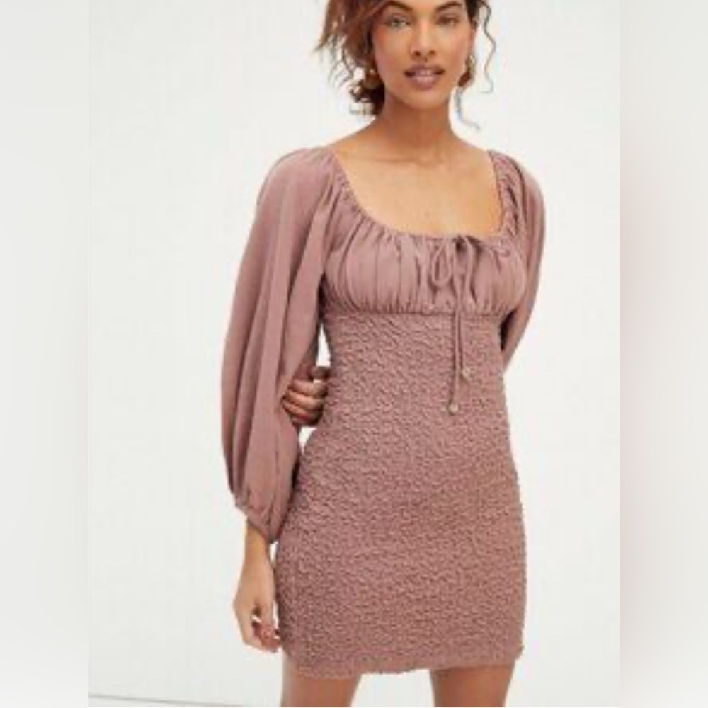 Free People Small Terracotta 100% Cotton Textured Smocked Blouson Sleeve Dress